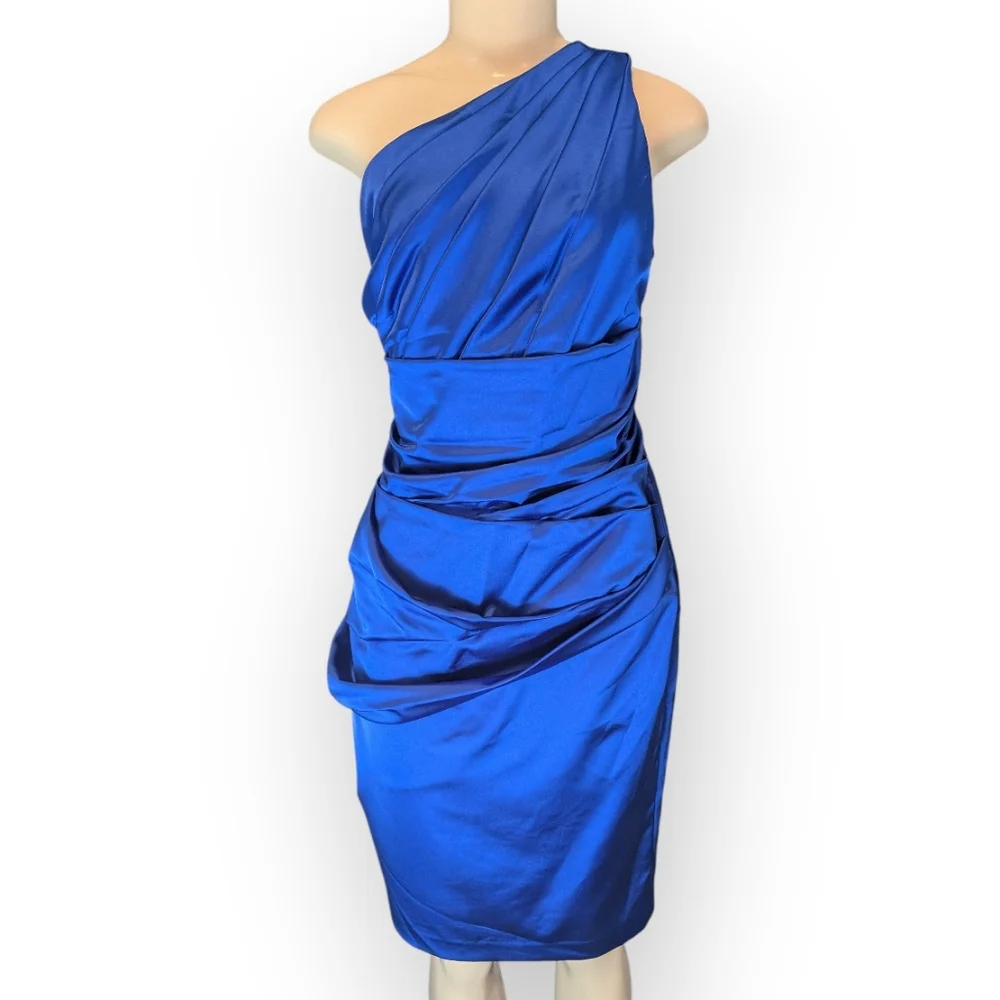 David's Bridal One Shoulder Asymmetrical Ruched Horizon Blue Cocktail Dress 16